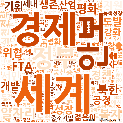 2011년 연설에서도 ‘평화(9회)’, ‘북한(9회)’, ‘안보(8회)’, ‘도발(7회)’ ‘위협(6회)’ ‘핵(6회)’ 등 대북 문제와 관련된 표현이 높은 빈도로 등장했다. 다만 최다 횟수를 기록한 단어는 작년과 마찬가지로 ‘세계(29회)’, ‘경제(22회)’, ‘일자리(12회)’ 순이었으며, 그해 연말 한미 FTA 추가협상이 타결되면서 ‘FTA(8회)’ 용어도 상위권에 올랐다. ⓒ워드클라우드