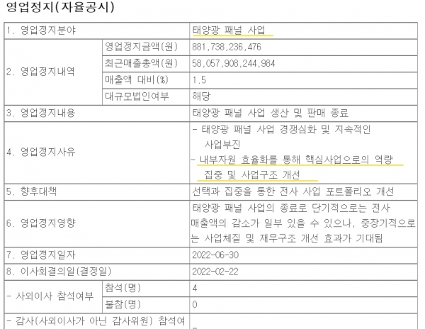 LG전자가 태양광 패널 사업 철수로 인한 후폭풍을 겪고 있다. ⓒ금융감독원 전자공시시스템